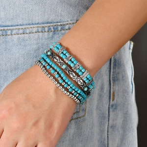 Bohemian Multi-Layer Turquoise Beaded Alloy Bracelet Assortment For Women Handmade Ethnic Geometric Totem Jewelry Gift