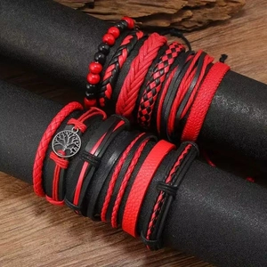 Multilayer leather wrap bracelet set with red wood beads and Tree of Life charm