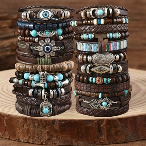 24-piece vintage boho leather bracelet set with turquoise beads and feather charms