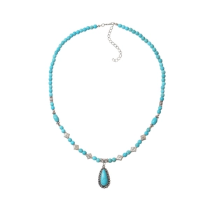 Bohemian turquoise beaded necklace with vintage silver accents and teardrop pendant