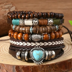 Bracelet Vintage pour Homme en Cuir Perles de Bois Bohême Punk Ethnique Pendentif Cœur Turquoise Tressé Bijoux Réglables