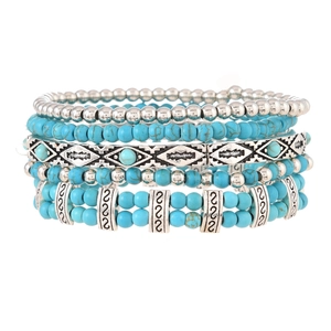 Bohemian multi-layer turquoise bead bracelet set with engraved silver alloy charms