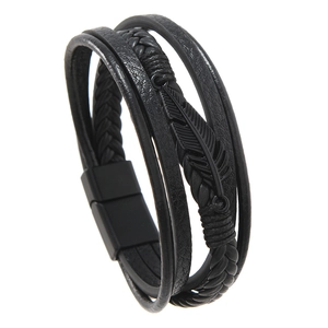 Multi-layer black braided leather bracelet for men with a black metal feather and magnetic clasp