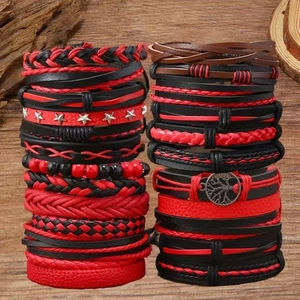 Multilayer leather tree of life bracelet set with star charms and red beads