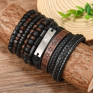 Multilayer bohemian leather and stone bead bracelet featuring the Lord's Prayer engraving