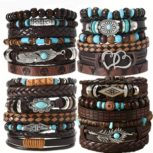 Retro Bohemian multi-layer leather and wood bead bracelet set with turquoise and feather charms