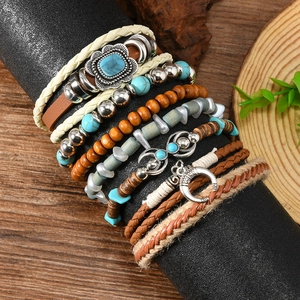 Bohemian multi-layer stackable bracelet set with turquoise beads and leaf charms