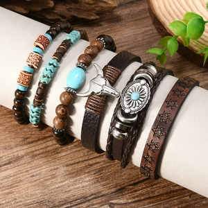 Vintage 6-piece leather beaded bracelet set featuring turquoise and bull head charms