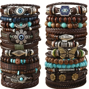 24pc Bohemian multilayer bracelet set with wood beads, leather cords and ethnic charms