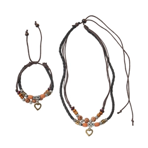 Retro multi-layer woven necklace and bracelet set with heart pendant and wooden beads