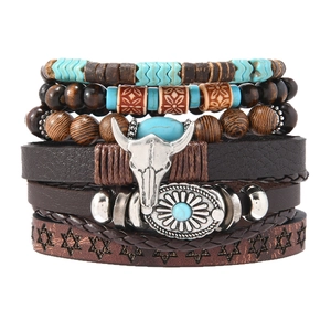 Retro multi-layer leather bracelet set with cow skull pendant and turquoise beads