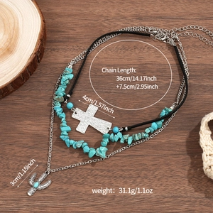 Boheemse meerlagige ketting met turkoois stenen, kruis- en cactus hangers decor