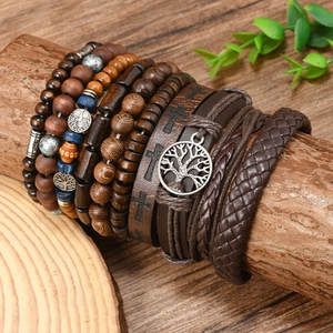 Bohemian multilayer leather bracelet set with wooden beads and tree of life charm
