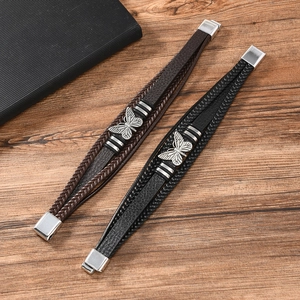 Multilayer braided leather bracelet with silver butterfly charm and magnetic clasp