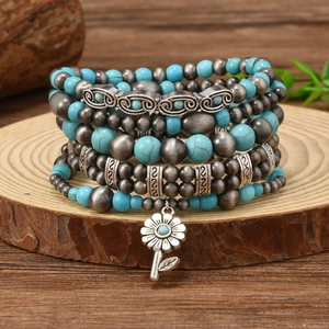 Bohemian Ethnic Turquoise Beaded Multi-Layer Wrap Bracelet For Women Men Antique Silver Alloy Sunflower Charm Jewelry