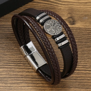Men's multilayer leather bracelet with tree of life charm and silver magnetic clasp