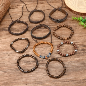 Detail of 10-piece bohemian multi-layer braided leather bracelets and wooden beads set
