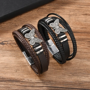 Vintage Multilayer Braided Leather Bracelet Butterfly Charm Zinc Alloy Magnetic Clasp Wristband Bohemian Jewelry Unisex Gift