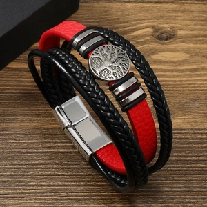 Men's Tree of Life layered leather bracelet with red and black woven bands and magnetic clasp