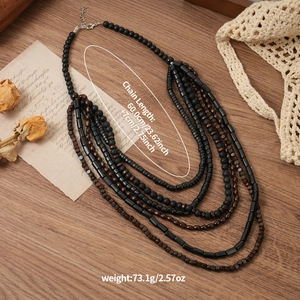 Men's multilayer vintage necklace with black lava stones and brown wooden beads
