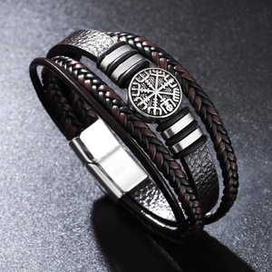 Bracelet multicouche en cuir tressé pour homme avec pendentif boussole et fermoir aimanté