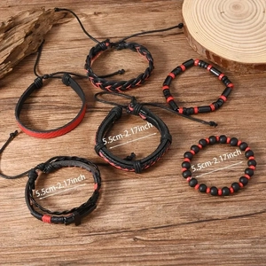 6-piece set of men's cross and woven leather bracelets in black and red punk style