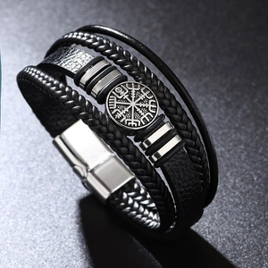 Bracelet multicouche en cuir tressé pour homme avec pendentif boussole viking en métal