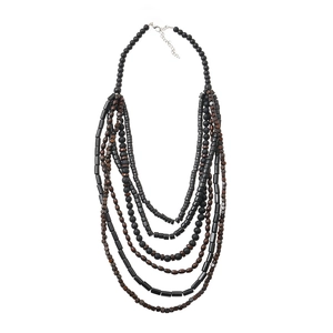 Men's multilayered bohemian necklace featuring black lava stone and brown wood beads
