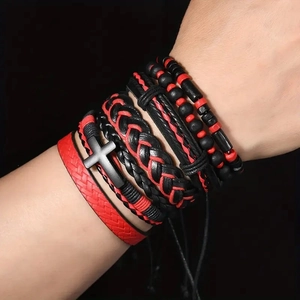 Men's multi-layer leather bracelet set with black cross and red beads on wrist