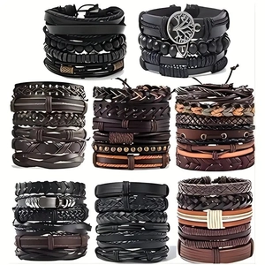 Bracciali in Pelle Intrecciata Retro per Uomo Donna Multistrato Stile Etnico Perline in Legno Ciondolo Albero della Vita Gioielli