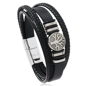 Men's multilayer black braided leather bracelet with silver tree of life charm