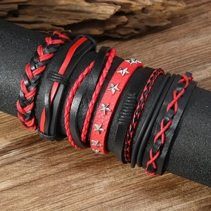 Men's multilayer faux leather bracelet set with cross and star charms in red and black