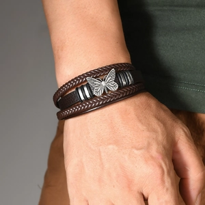 Multilayer leather bracelet with vintage butterfly charm and braided brown bands for women