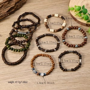Detail view of bohemian wood bead bracelets with tree of life charms and sizing info