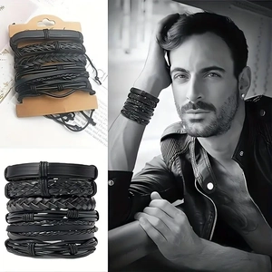 Bracciale multistrato in pelle intrecciata da uomo con perline di legno e nodi regolabili