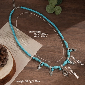 Bohemian turquoise bead necklace with silver leaf pendants and adjustable metal chain