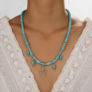 Bohemian Ethnic Turquoise Beaded Necklace For Women Vintage Silver Alloy Leaf Pendant Adjustable Strand Necklace Jewelry