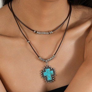 Bohemian double-layer necklace with turquoise cross pendant and dark leather cord