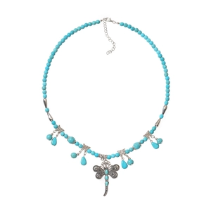 Bohemian turquoise beaded necklace featuring a silver dragonfly pendant with teardrop charms