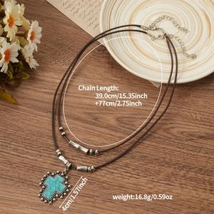 Vintage cross turquoise pendant necklace with double-layer brown leather cord jewelry