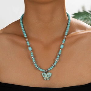Collier Pendentif Papillon Bohème Perles en Turquoise Synthétique pour Femme Bijoux Ethniques Style Été Plage