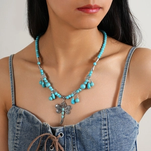 Bohemian Turquoise Beaded Necklace For Women Vintage Ethnic Dragonfly Pendant Butterfly Charm Vacation Jewelry Accessory