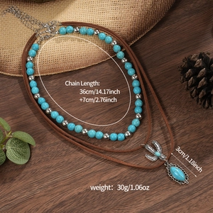 Detail van de Boheemse turquoise kralenketting set met cactus hanger en maten