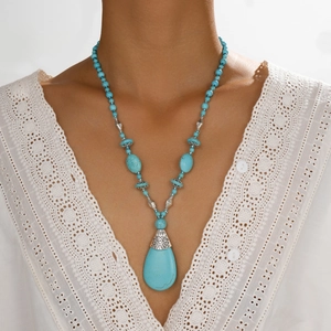 Bohemian Turquoise Beaded Necklace For Women Vintage Antique Silver Plated Teardrop Pendant Ethnic Style Jewelry Accessory