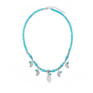 Bohemian turquoise beaded necklace featuring five silver hollow leaf metal pendants