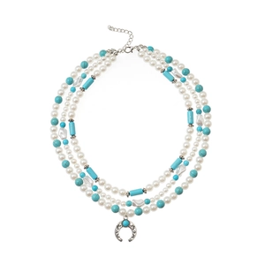 Three-layer bohemian beaded necklace with faux pearls, turquoise and crescent moon pendant