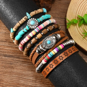 Bohemian multilayer beaded bracelet set with turquoise stones and sunflower leather charms