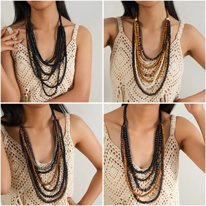 Collier Ethnique Vintage En Perles De Bois Multicouches Fait Main Bohème Turquoise Sautoir À Étages Hommes Femmes
