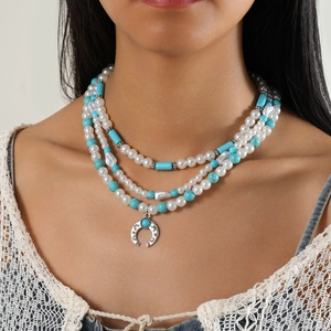 Bohemian Multi Layer Necklace For Women Imitation Artificial Pearl Synthetic Turquoise Alloy Horseshoe Pendant Vintage Style