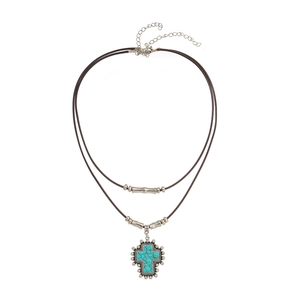 Cross turquoise pendant necklace with double-layer leather cord and silver details